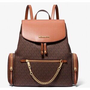 MICHAEL KORS Jet Set Large Logo Backpack Brown Gold Chain Leather Trim NWT